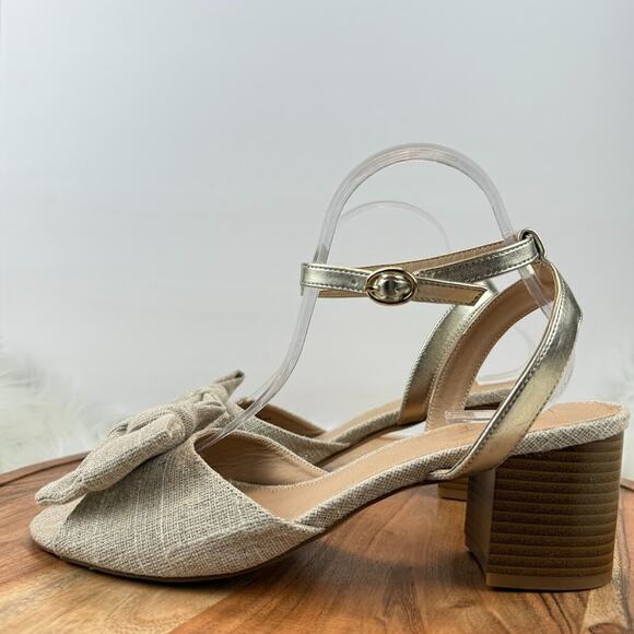 LOFT Beige Woven Bow Block Heel Ankle Strap Sz 9.5M Sandals Gold Shimmer Party - Picture 6 of 12